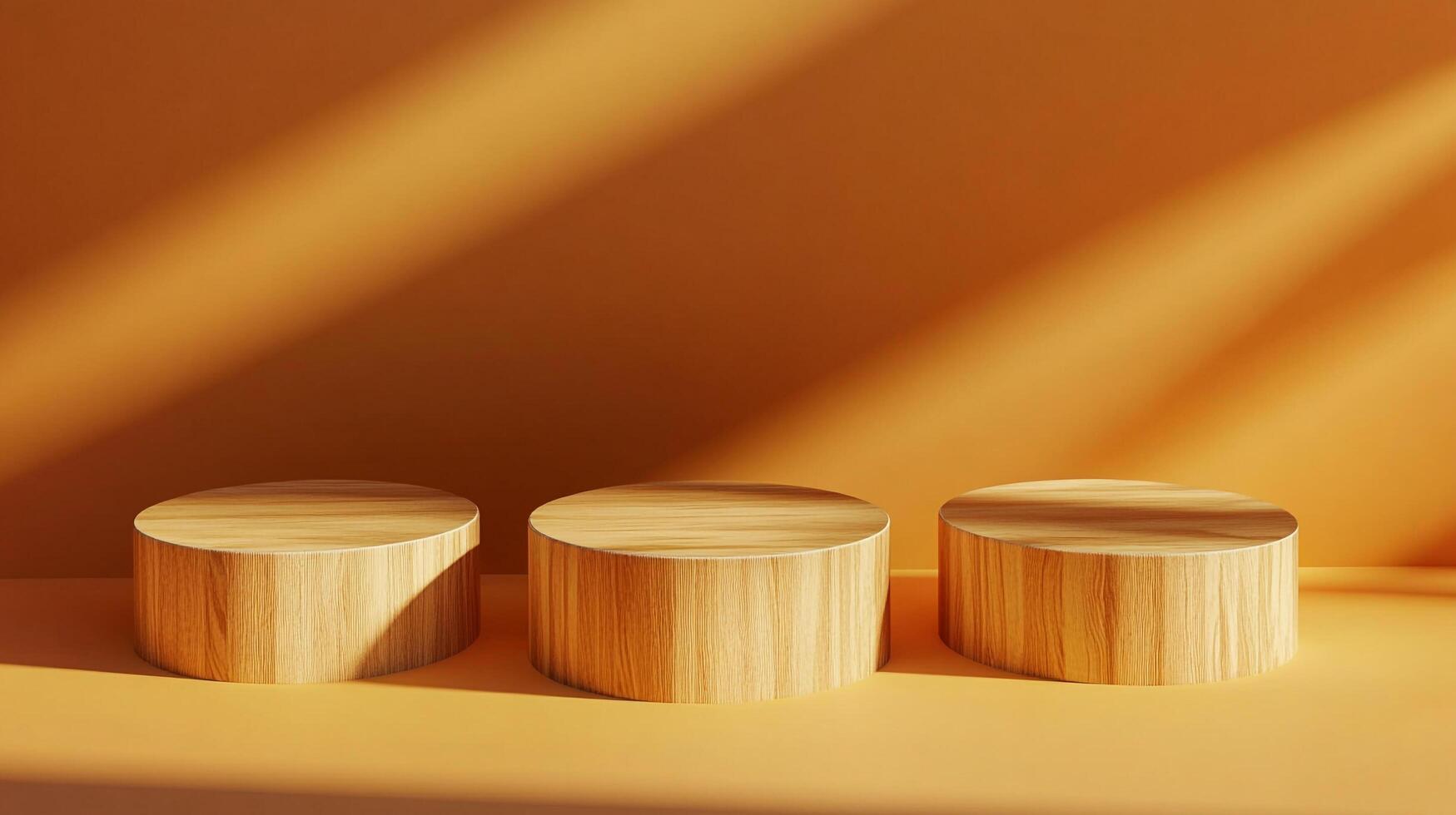 Three wooden product podiums in an amber room, highlighted by window shadows, create a serene setting for showcasing merchandise. photo