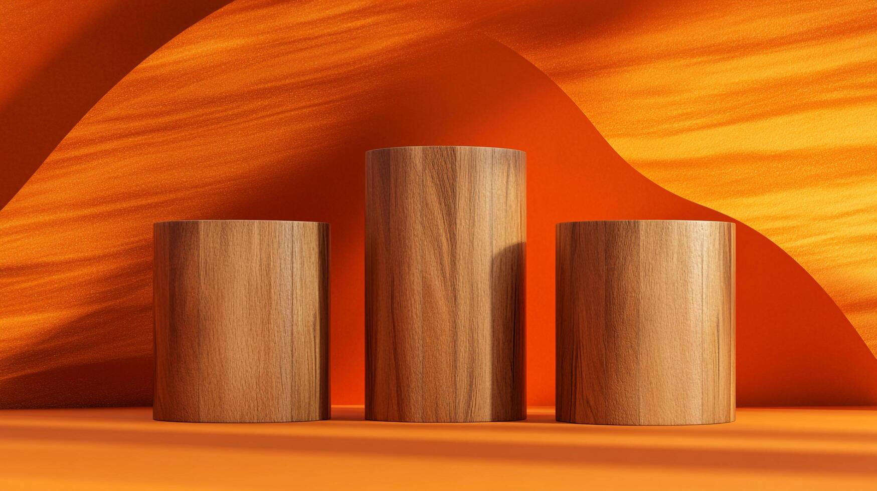 Three wood platforms present a simple yet elegant display solution, set against a textured orange backdrop. Natural elegance, presentation. photo