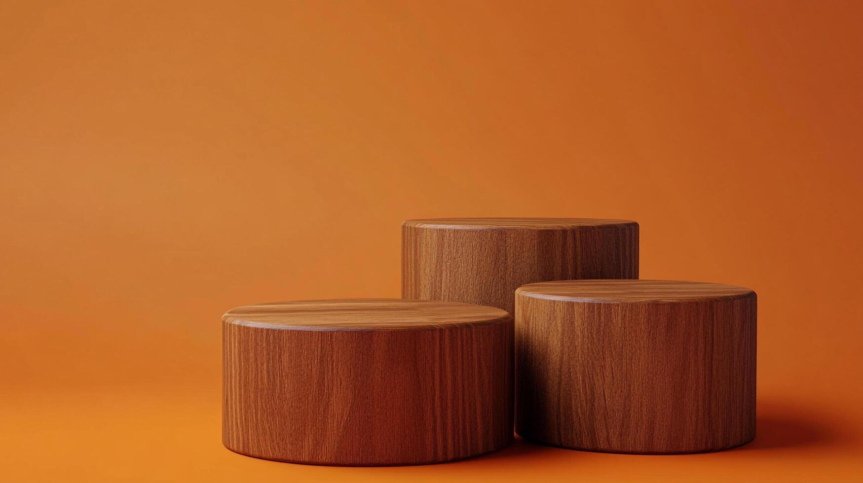 Minimalist wooden display podiums against a warm orange background, ideal for showcasing products in a natural and elegant style. photo