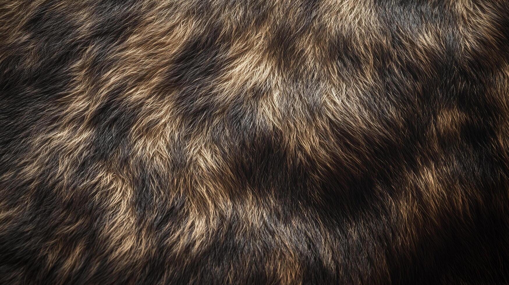 A close-up of animal fur reveals a textural tapestry of brown, beige, and black tones, illuminated by a soft, directional light source. photo