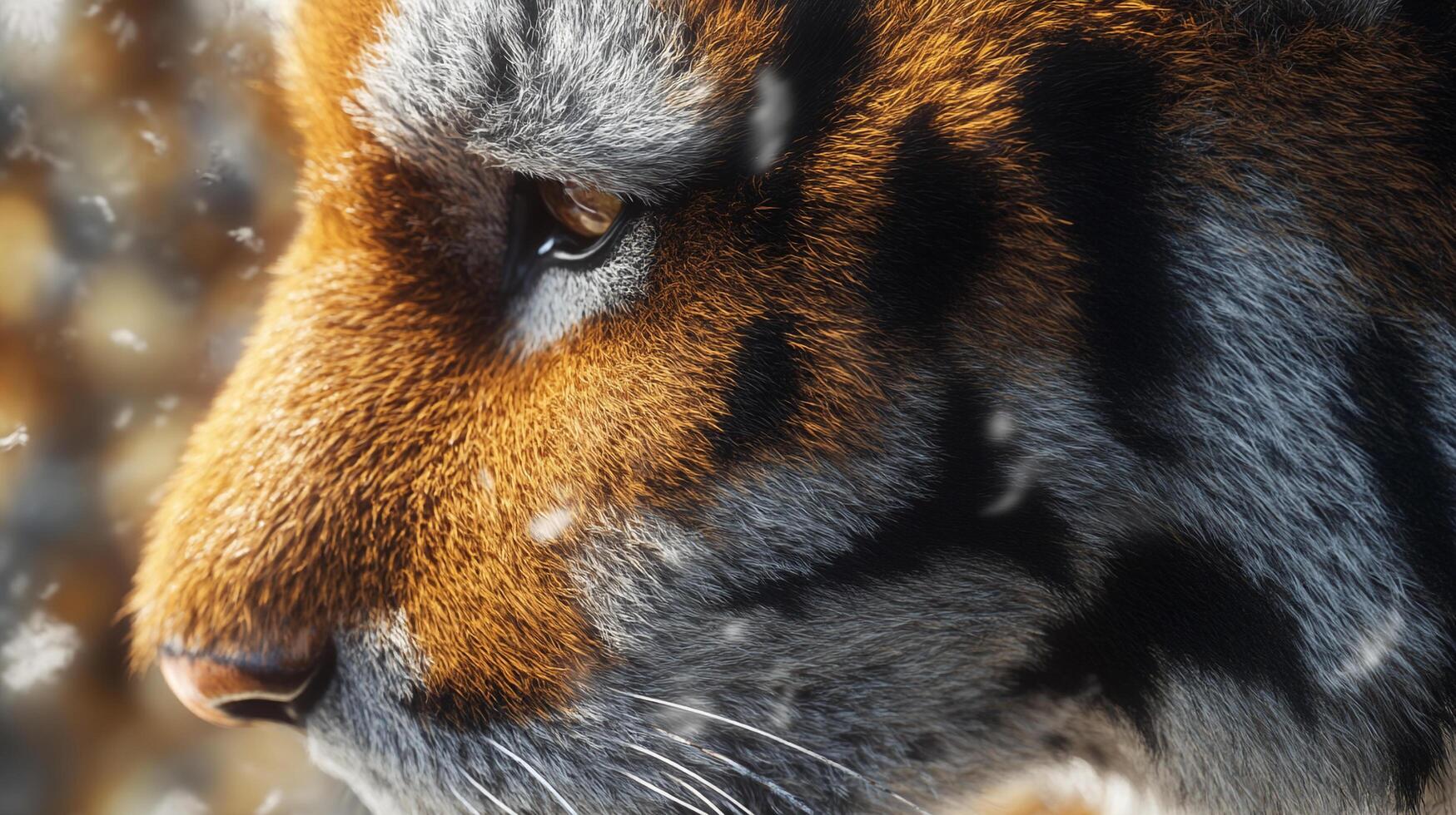 Close up portrait of a tiger in falling snow shows intricate fur patterns and detail around the eyes. Beautiful wildlife shot. photo