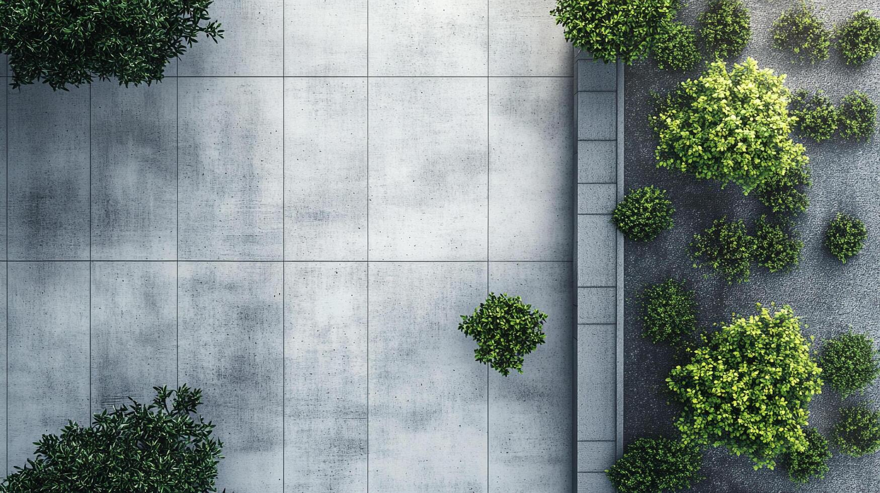 Aerial view of a concrete courtyard with green bushes. Minimalist landscape design of a contemporary outdoor space. photo