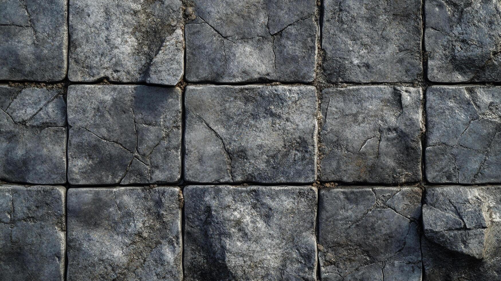 A stone tile floor is seen in a top-down shot. Each tile has cracks and is slightly varied in texture giving it a unique appearance. photo