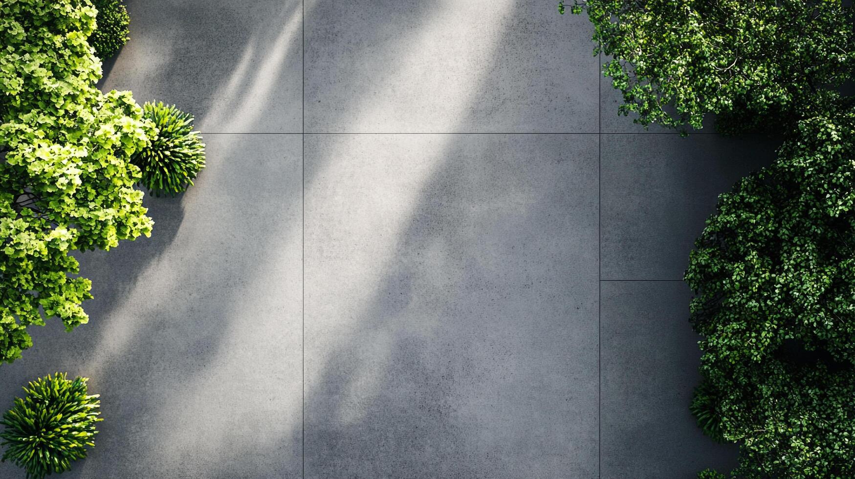 Aerial view of a concrete tiled walkway with trees, showing a modern and minimalist outdoor space with natural light and shadows. photo