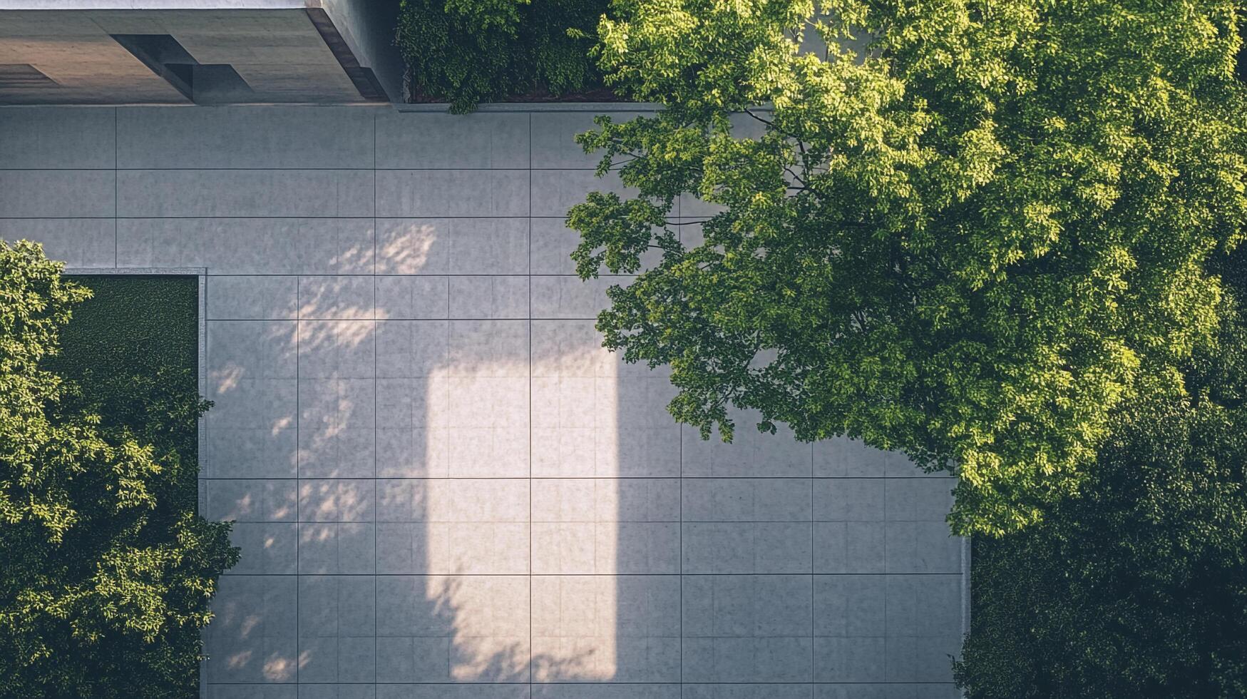 Elevated view of a modern architectural space with geometric patterns and verdant foliage in natural light, showcasing urban tranquility. photo