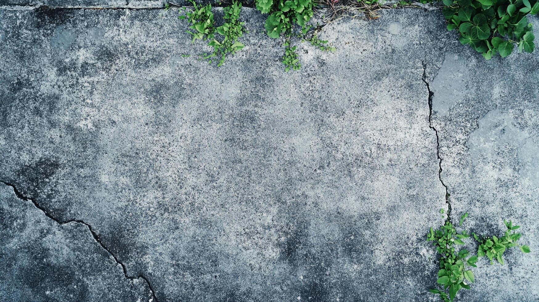 Cracked cement texture with encroaching greenery. Nature's resilience against the backdrop of aged concrete, showing time and decay. photo