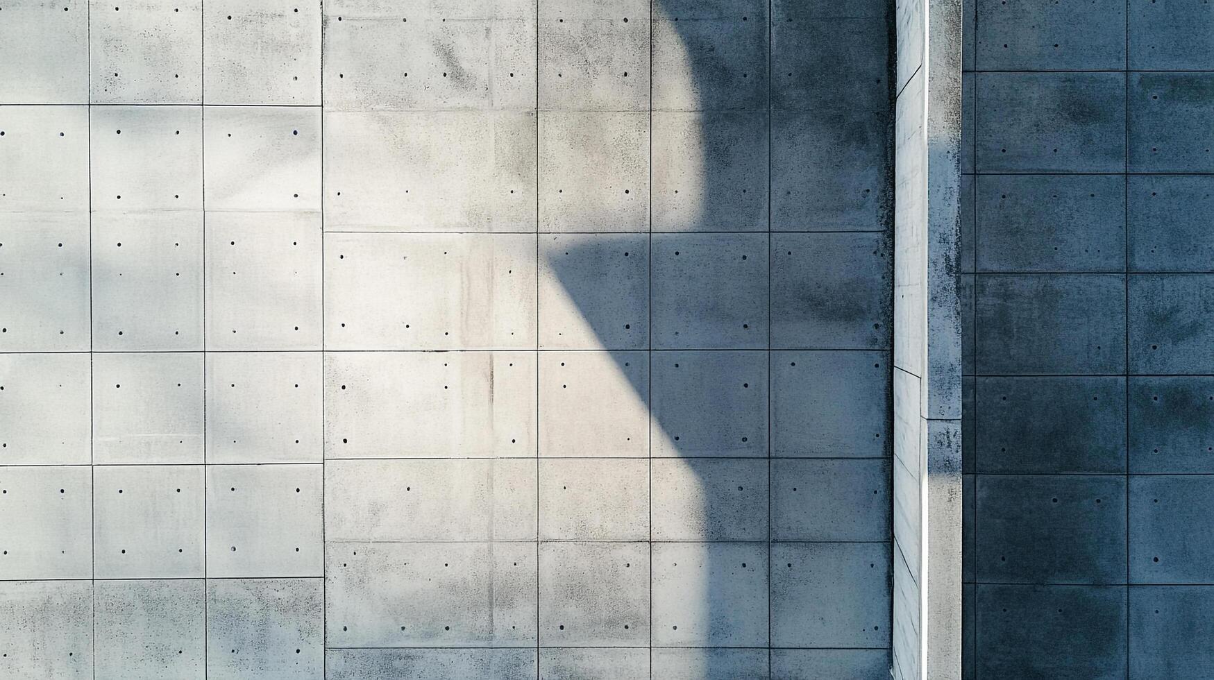 Concrete wall with modular panels in varying shades, punctuated by small holes. Sunlight casts a sharp shadow on a portion of the wall. photo