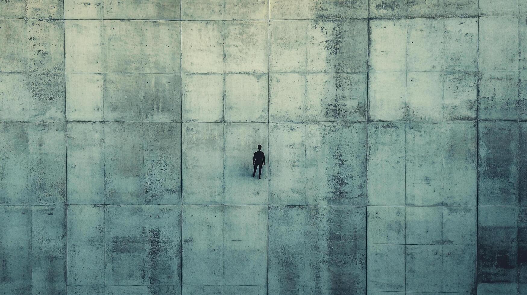 A lone figure stands dwarfed against a massive concrete wall, emphasizing scale and the individual's place in an urban landscape. photo