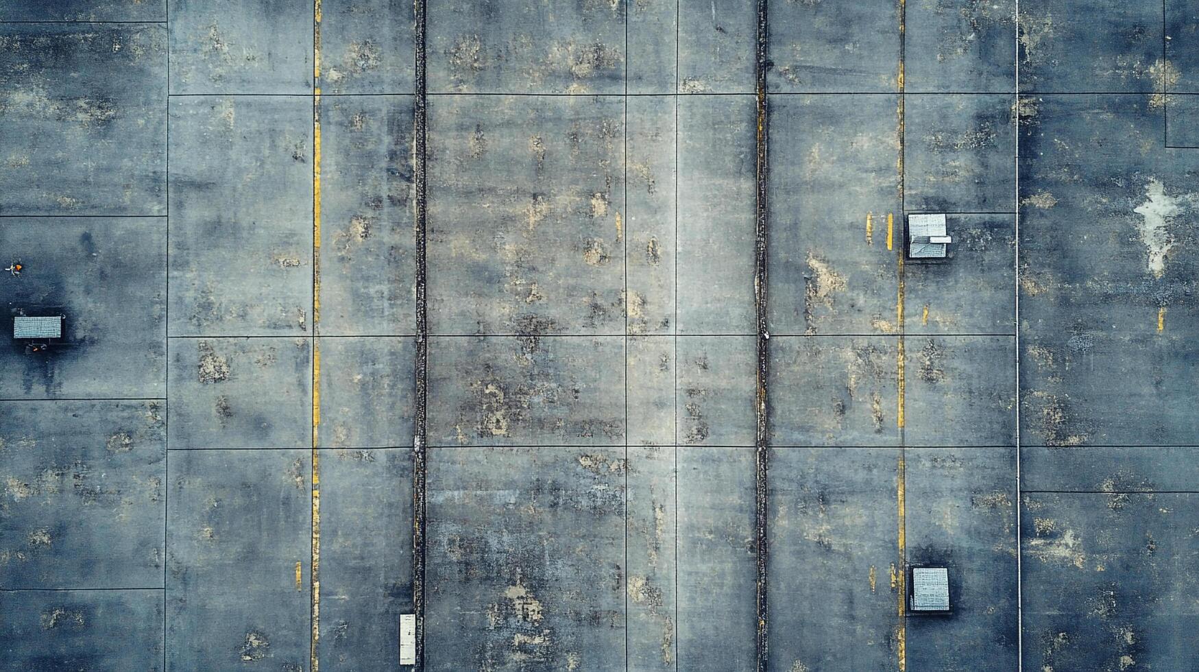 Aerial view of a weathered concrete surface with rectangular patterns, yellow lines, and small metal structures, exhibiting a grunge texture. photo