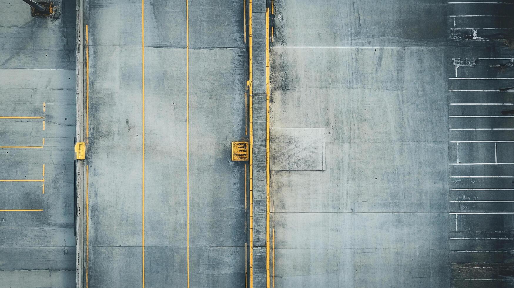 Aerial view of concrete surfaces with yellow lines delineating lanes and parking, providing a modern, industrial abstract aesthetic. photo
