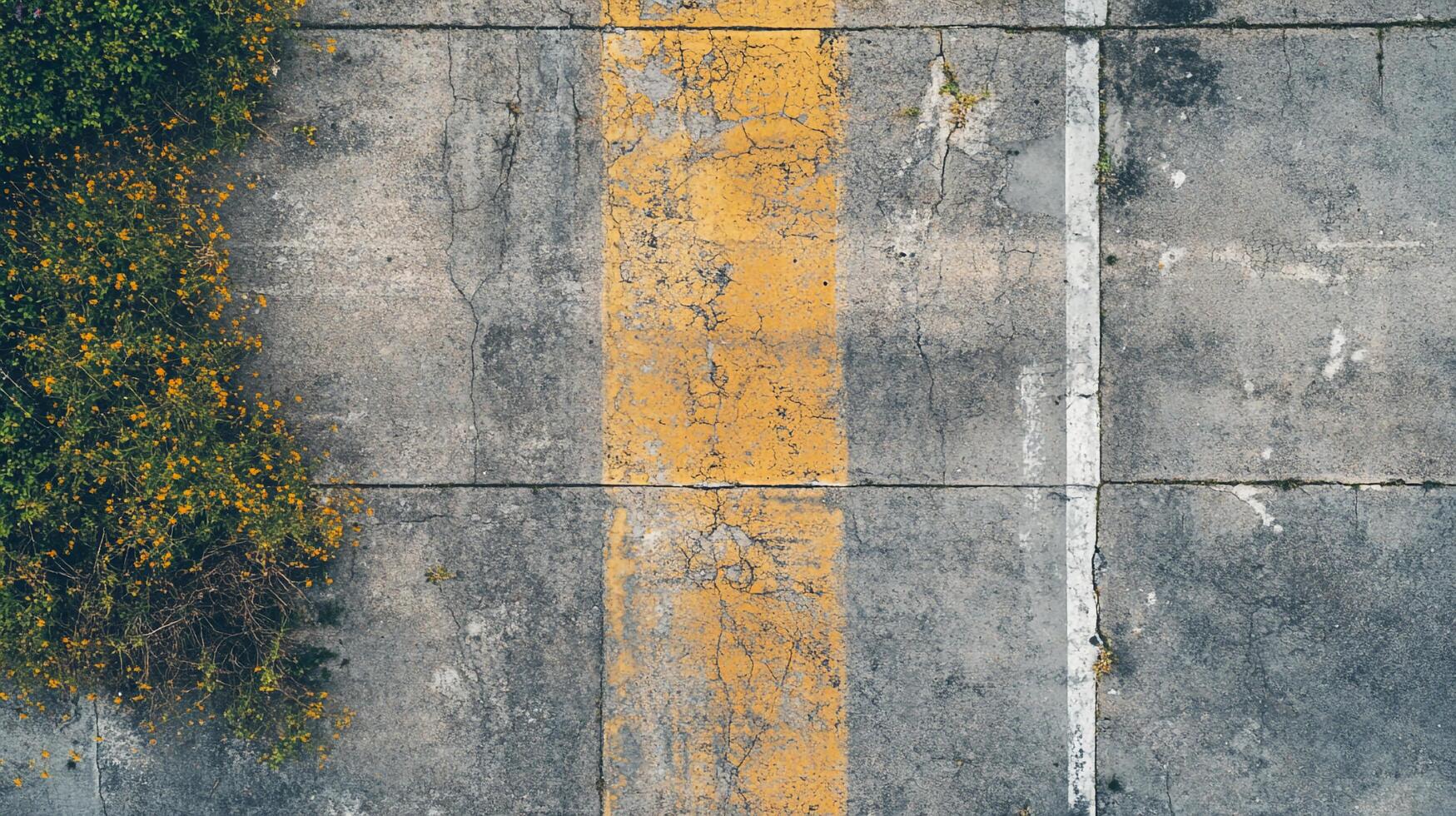 Weathered concrete surface displays lines of yellow and white paint. A side is adorned with plants, adding nature to the urban setting. photo