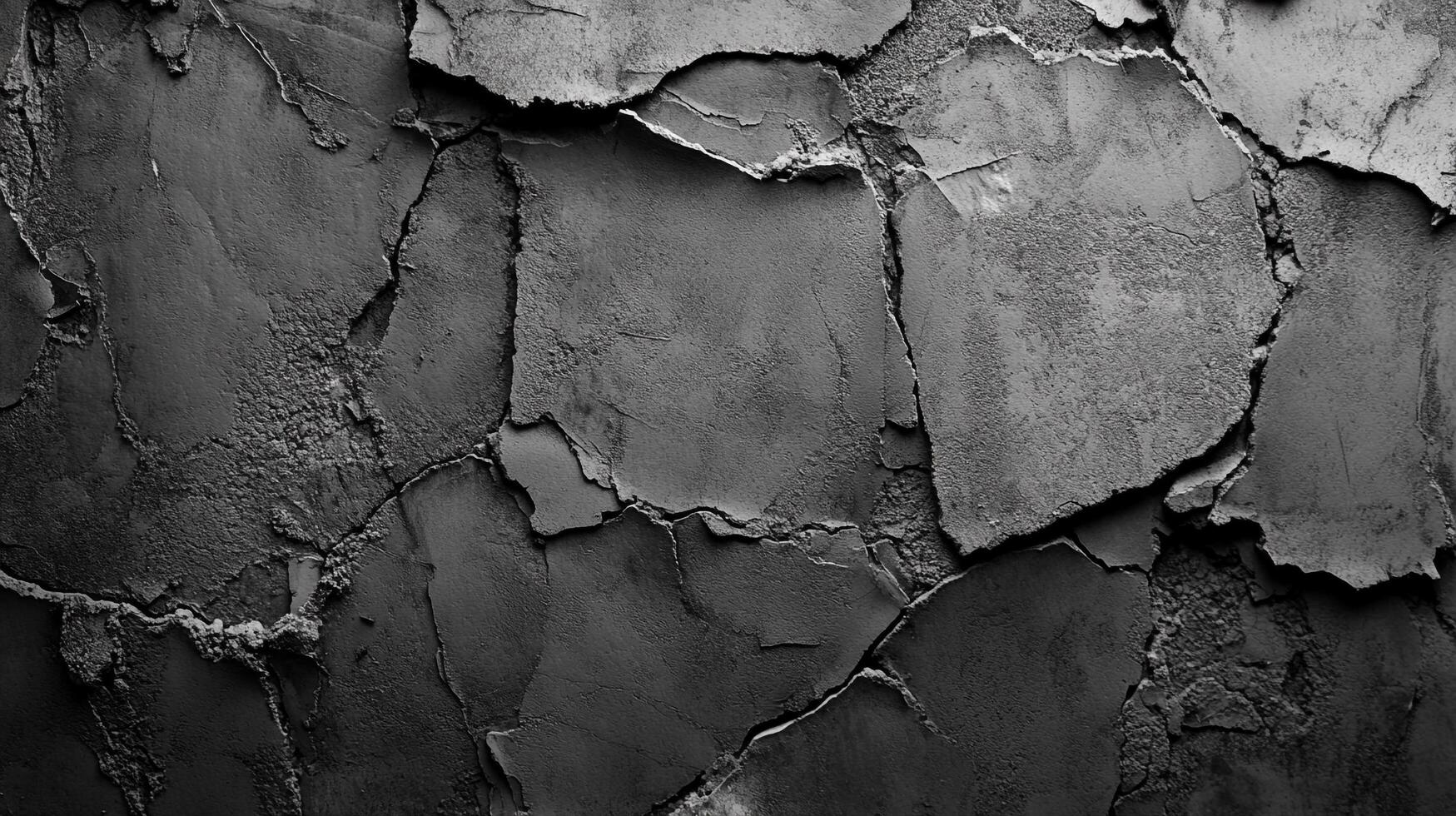 Cracked surface texture, showing wear and decay, abstract representation of aging and resilience in monochrome colors. photo