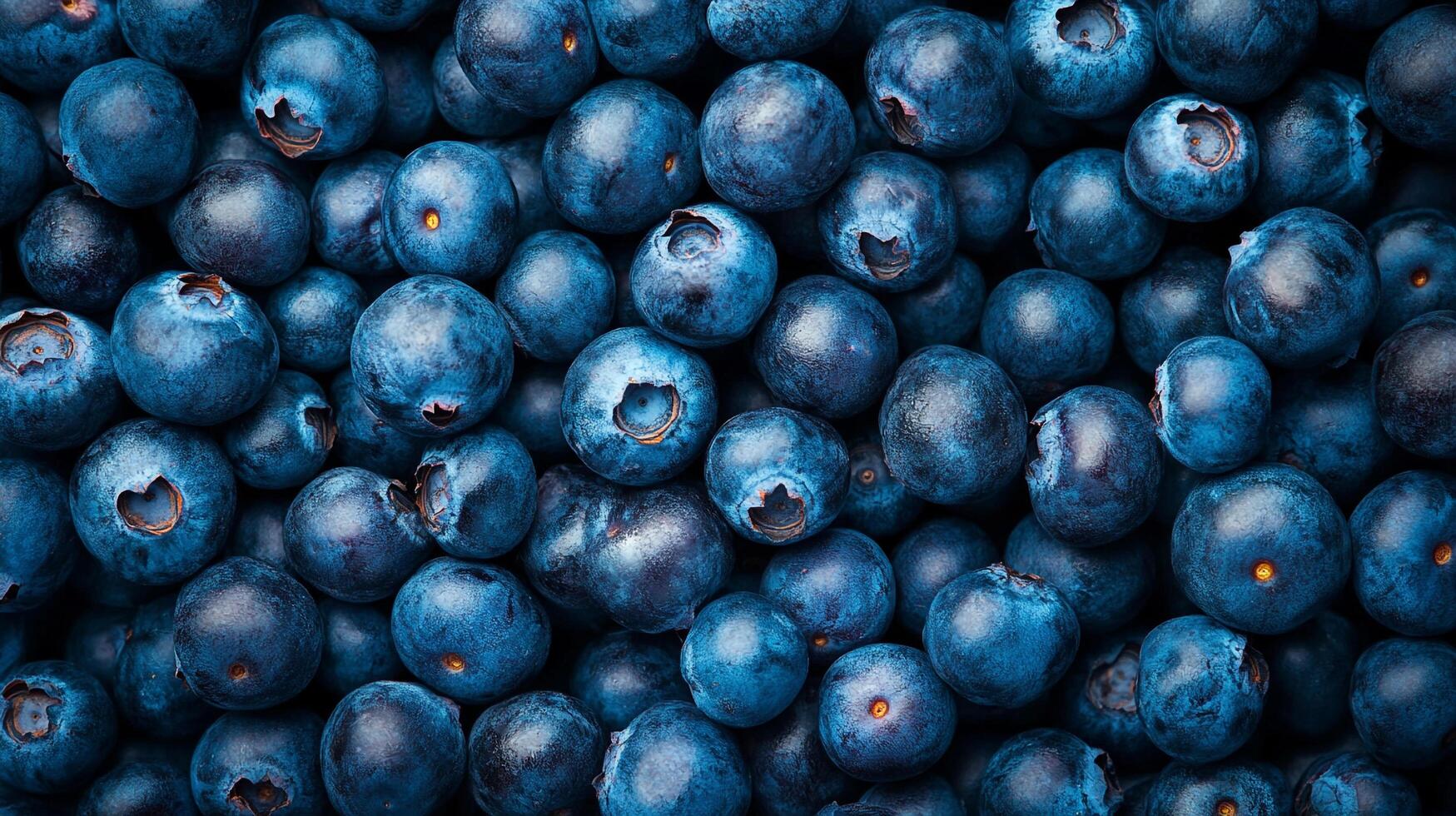 A high-angle, full-frame close-up showcases a vibrant cluster of plump, fresh blueberries, their deep blue hues creating a visually appealing scene. photo