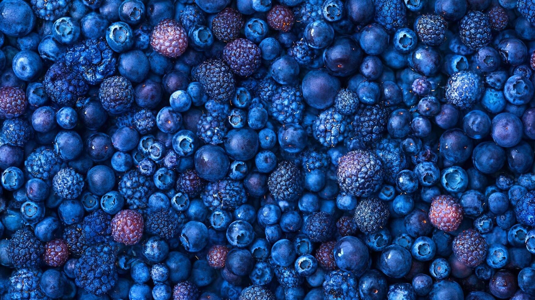 An overhead shot shows a mix of juicy blueberries and blackberries, their deep blue hues creating a visually appealing and fresh display. photo