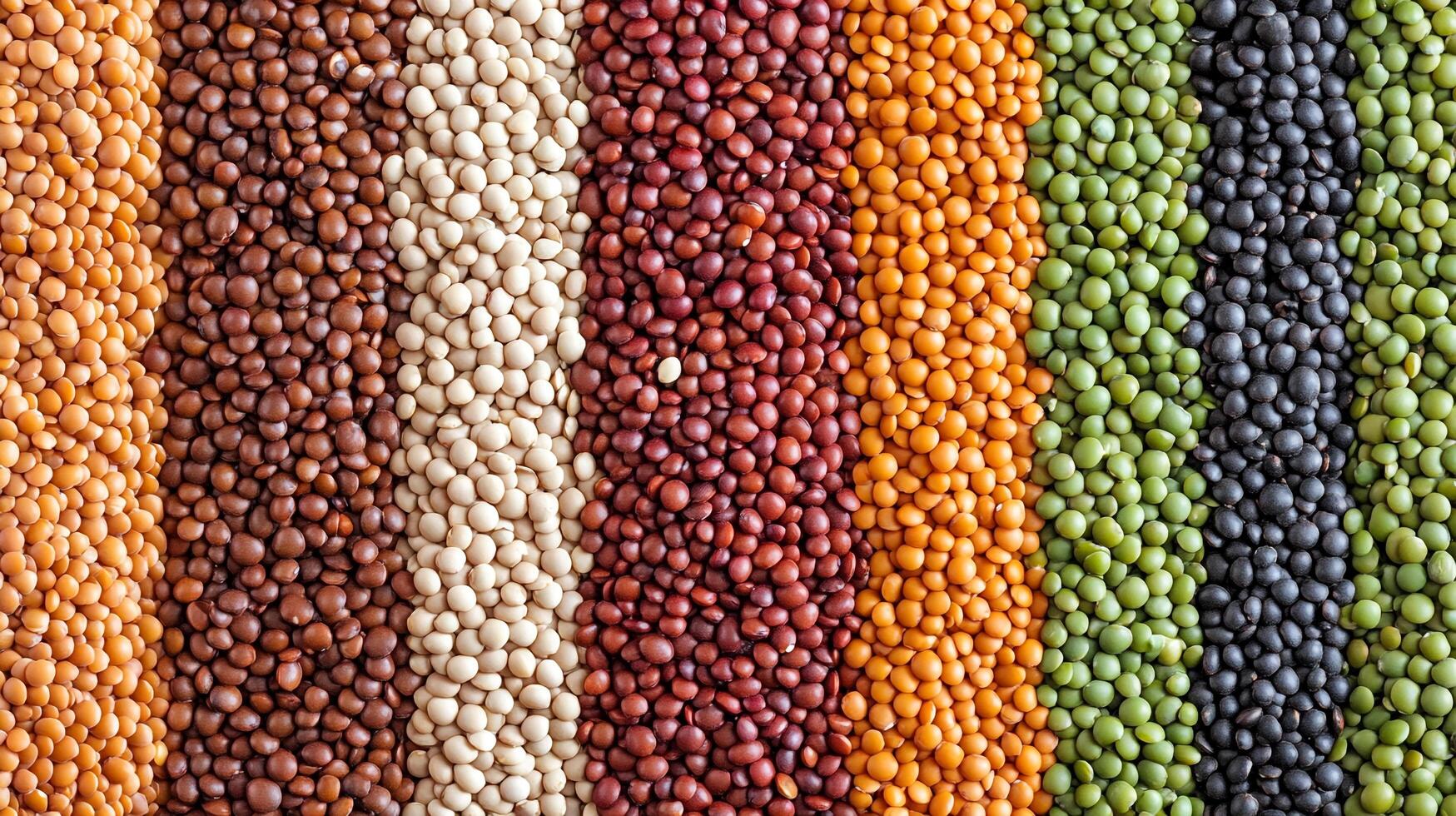 Variety of pulses and legumes. Colorful assortment of lentils and beans forming a textured background. Healthy food concept. photo