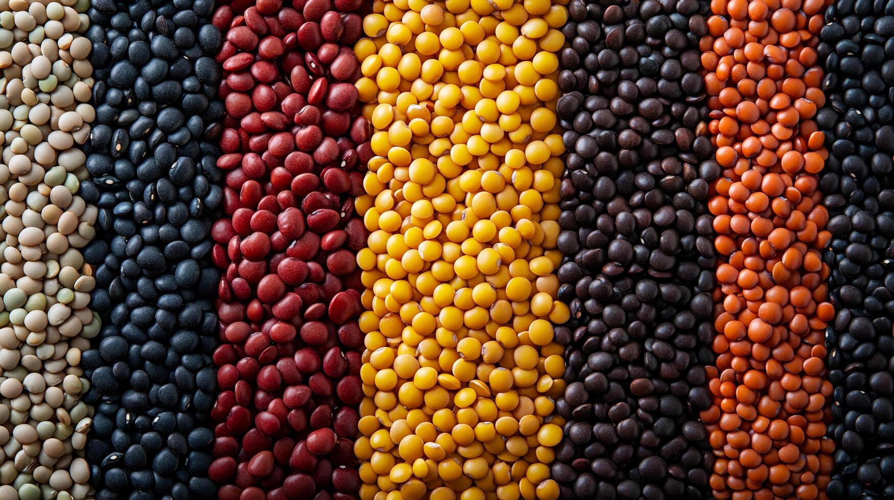 Colorful lentils create a vibrant pattern. The legumes are displayed in a linear arrangement with a close-up shot emphasizing their textures. photo