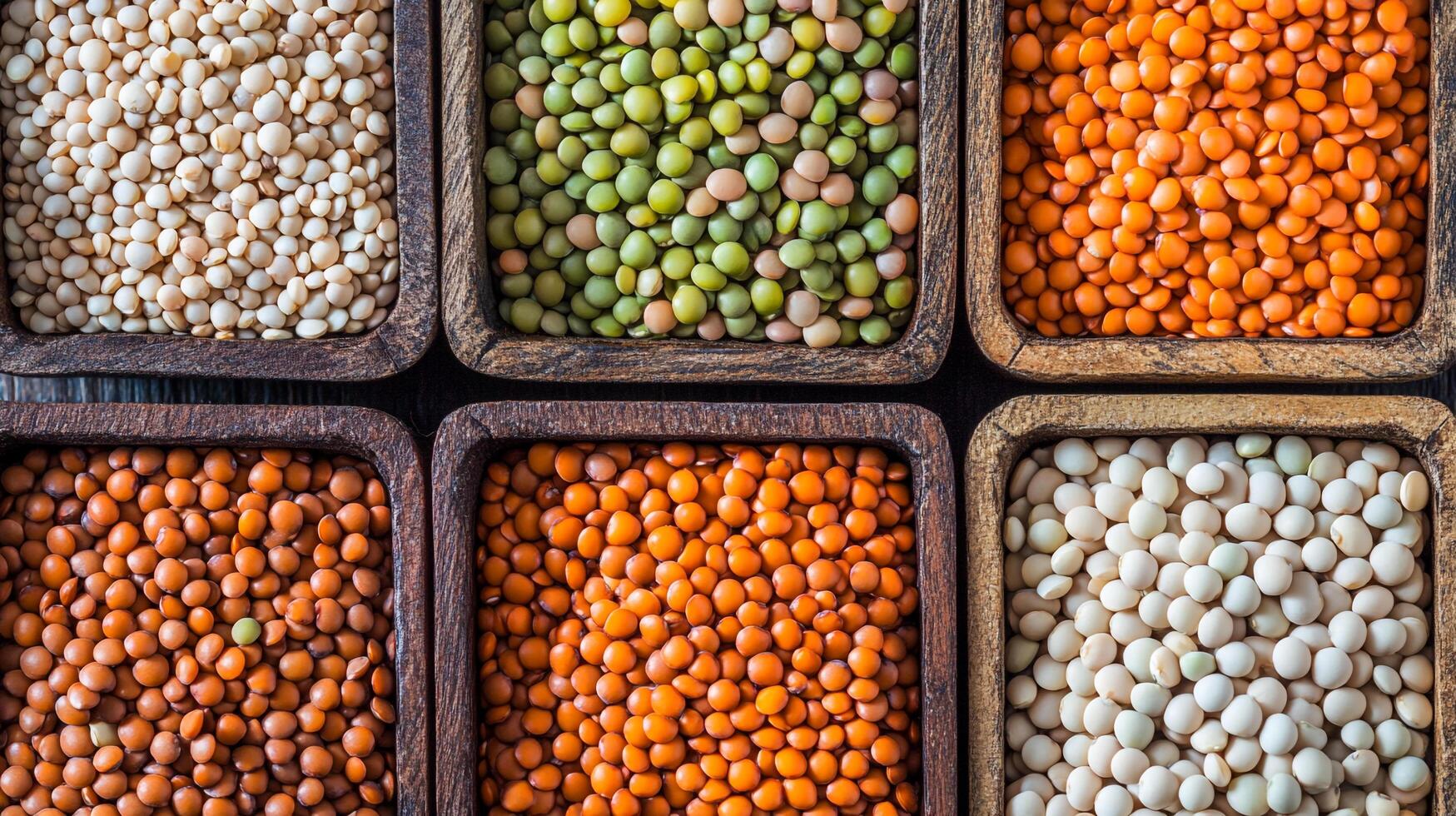 A colorful assortment of different lentils displayed in wooden containers. Perfect for healthy recipes and visual appeal. photo
