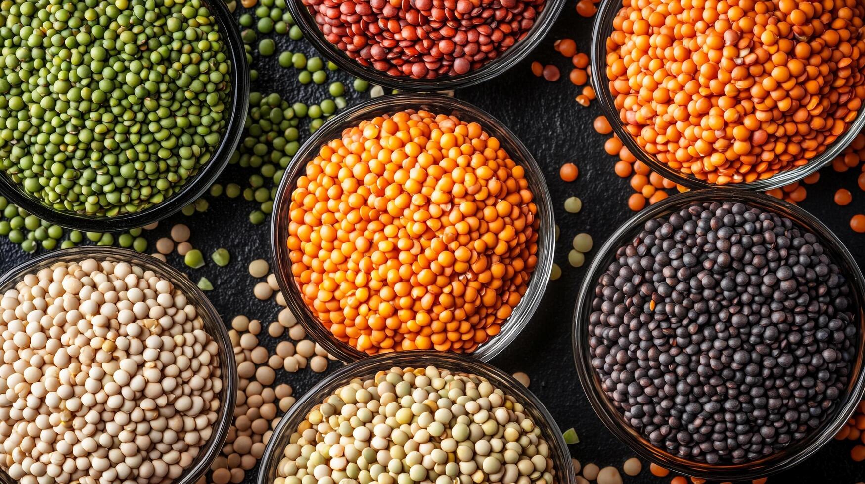 Variety of lentils in bowls displayed in a overhead shot. Legumes in diverse colors and textures provide an appetizing presentation. photo