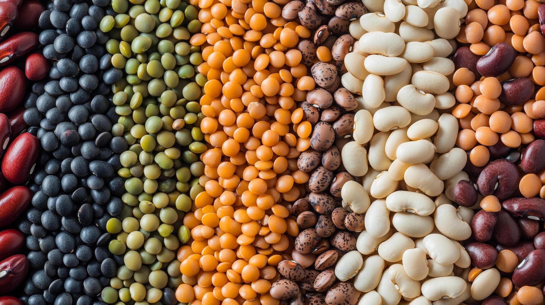 A colorful assortment of dried beans and lentils, ideal for creating nutritious and healthy meals with various flavors and textures. photo