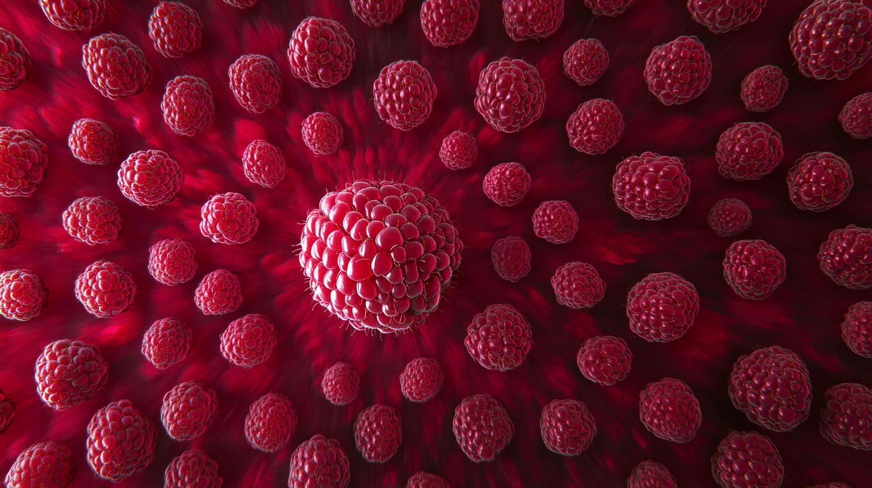 A detailed rendering of Raspberry or similar textured spheres with red background. Looks like a virus illustration or 3D rendering. photo