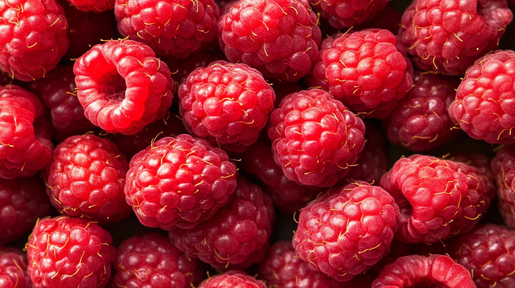 Pile of red raspberries is shown in a high angle shot. The raspberries look fresh, juicy, and ready to eat. A very close-up image. photo