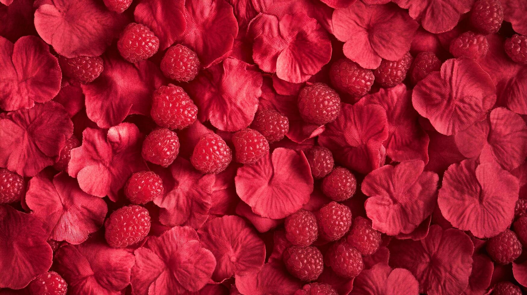 A captivating composition of red rose petals and raspberries, creating a vibrant and delightful visual harmony that excites the senses. photo