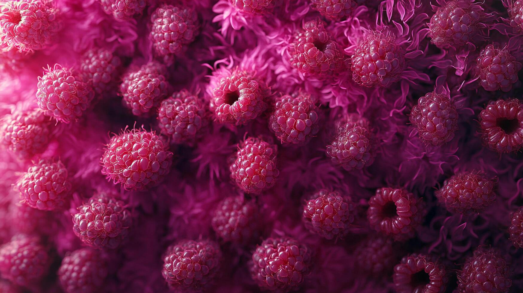 Close up of vibrant, textured red raspberries on a magenta background. The detailed imagery evokes freshness and natural delight. photo