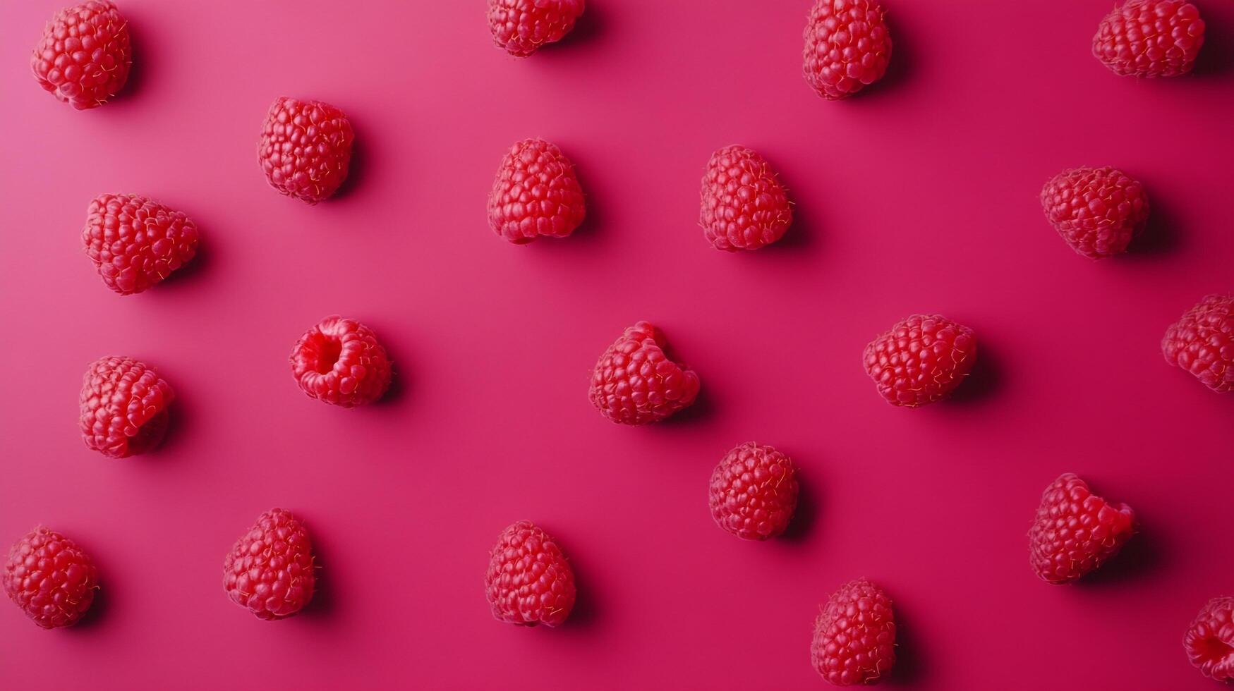 A vibrant array of raspberries is scattered across a saturated pink backdrop, creating a visually striking pattern and design element. photo