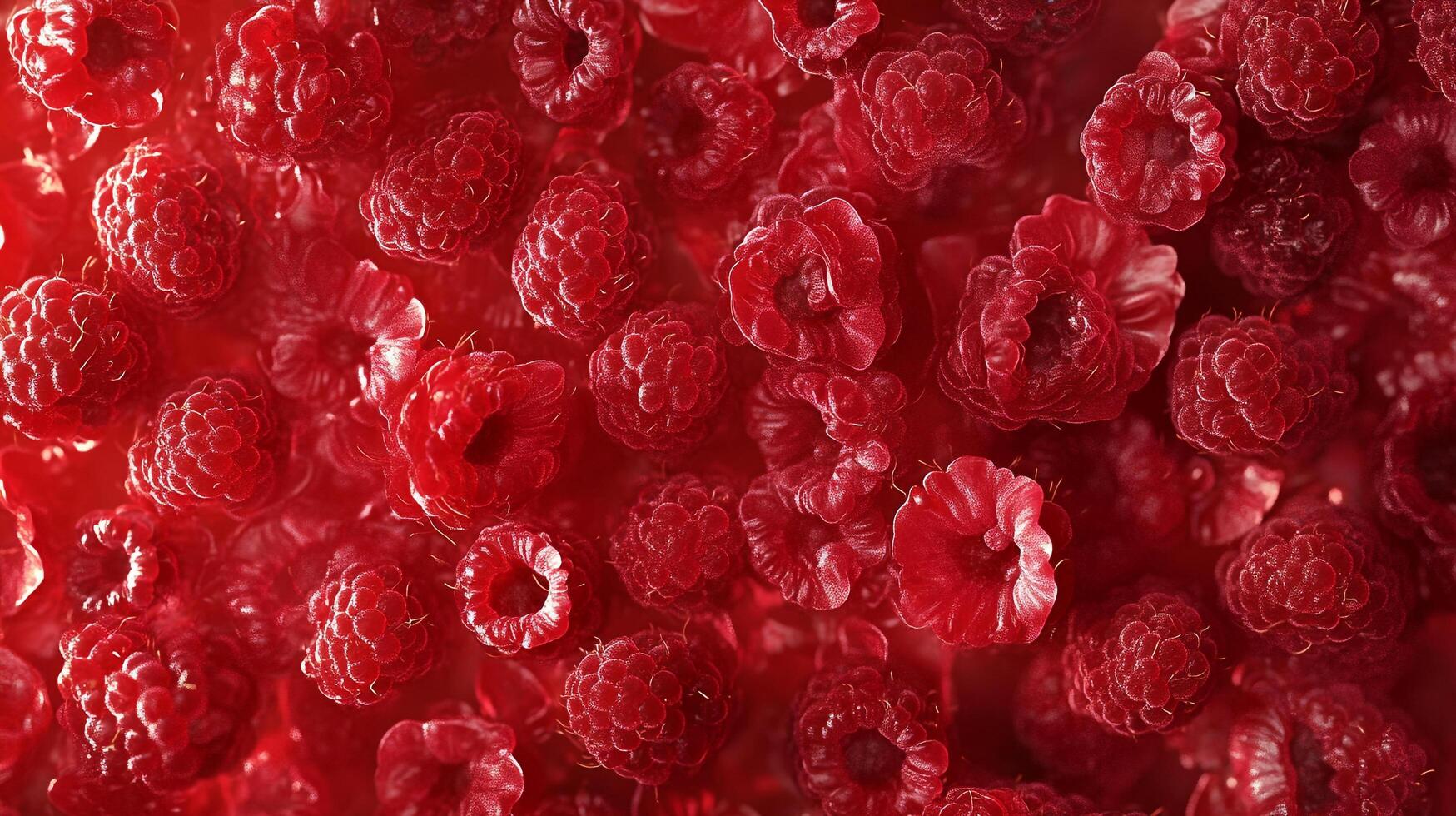 A vibrant close-up reveals a sea of ripe, red raspberries, their textures and colors inviting a taste of summer's sweetness. A delicious texture photo