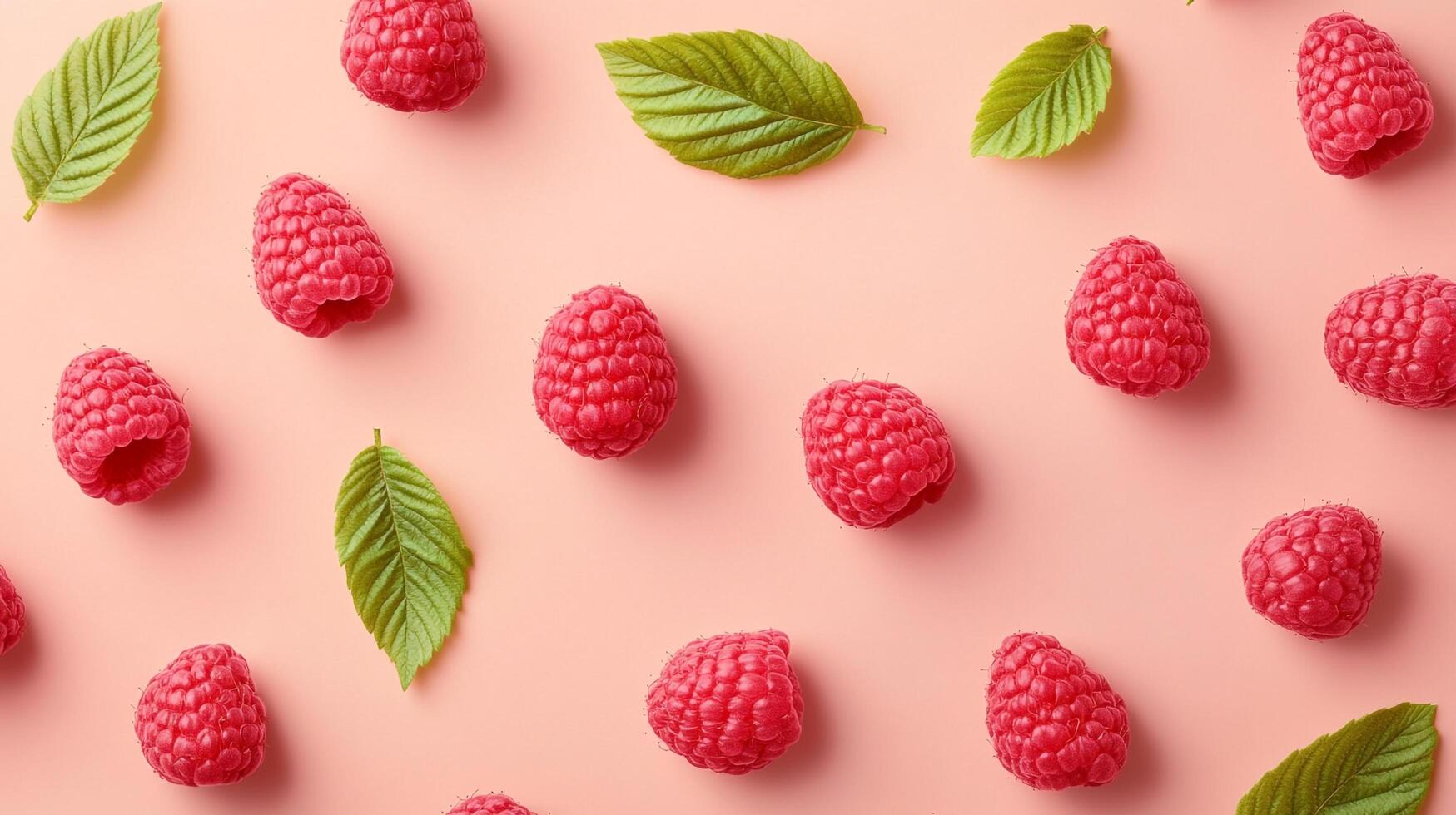 An airy aesthetic featuring scattered ripe raspberries and fresh green leaves artfully arranged on a solid pink background. photo