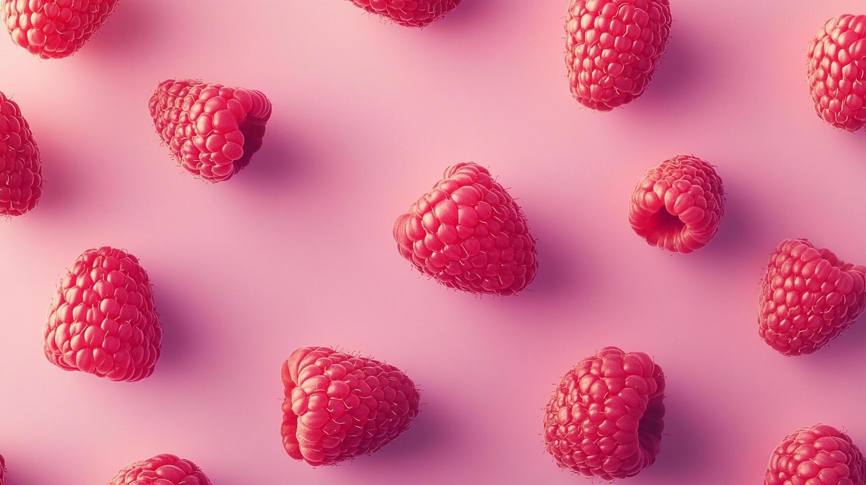 Scattered raspberries against a solid pink backdrop create a simple, yet attractive pattern. Sweet, fruity, and visually appealing. photo