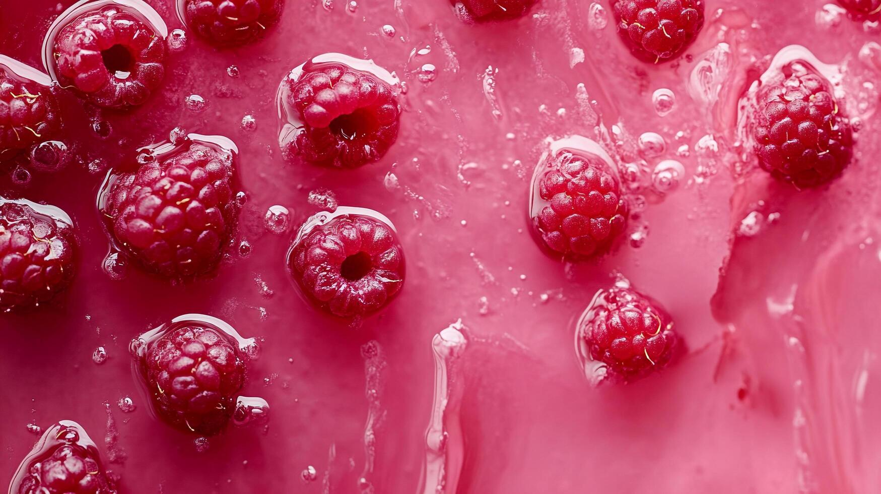 Vibrant raspberries glisten in pink liquid, creating a refreshing and juicy scene, showcasing the simple beauty of nature's candy. photo