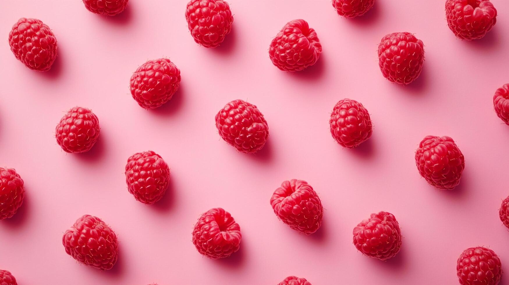 Vibrant raspberries are scattered on a pale pink background, creating an appealing pattern of shapes and colors perfect for summer themes. photo