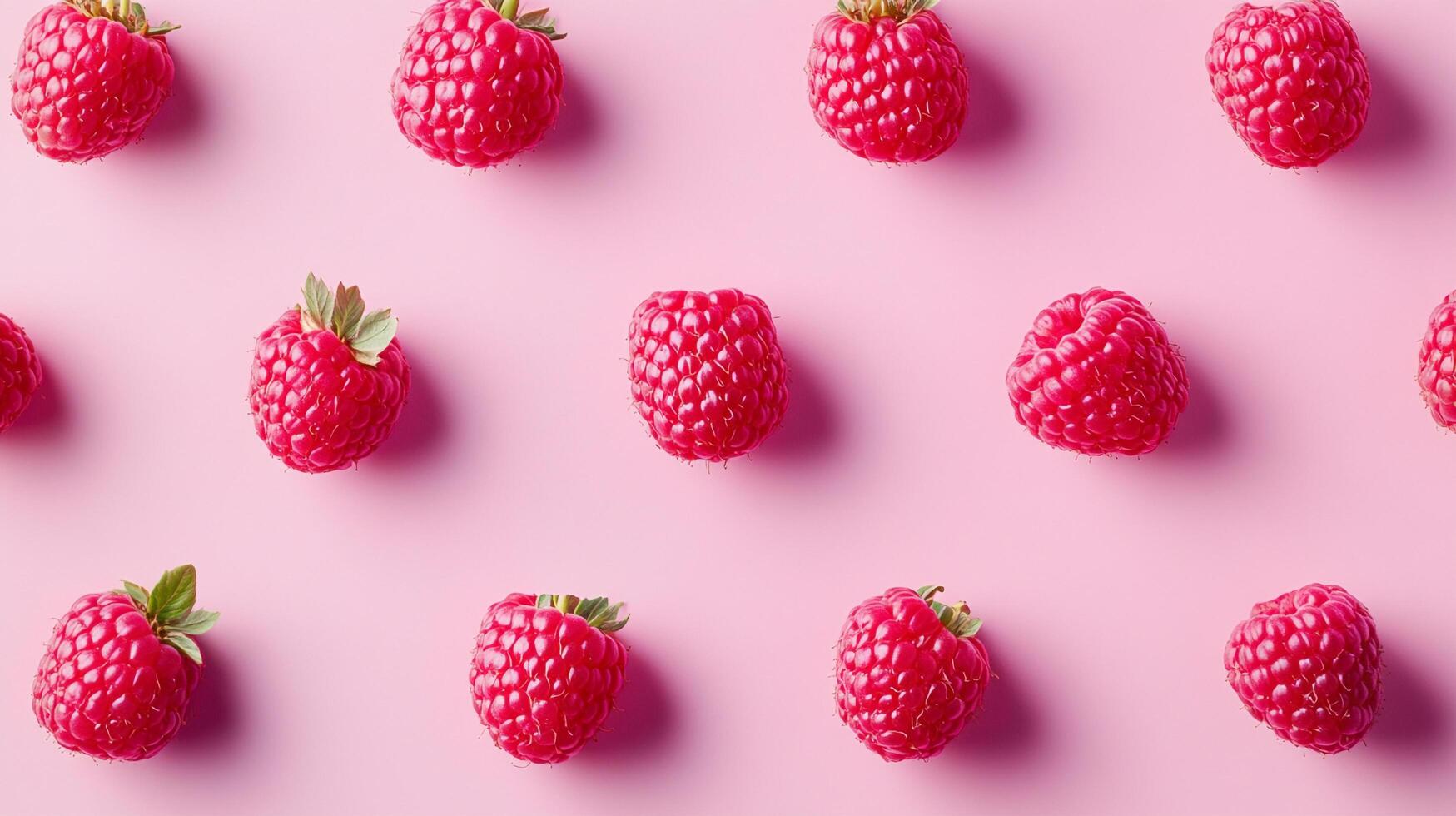 Pattern of fresh raspberries on a pink background. Ripe, juicy berries perfect for healthy snacks and desserts. Summer fruit sensation. photo