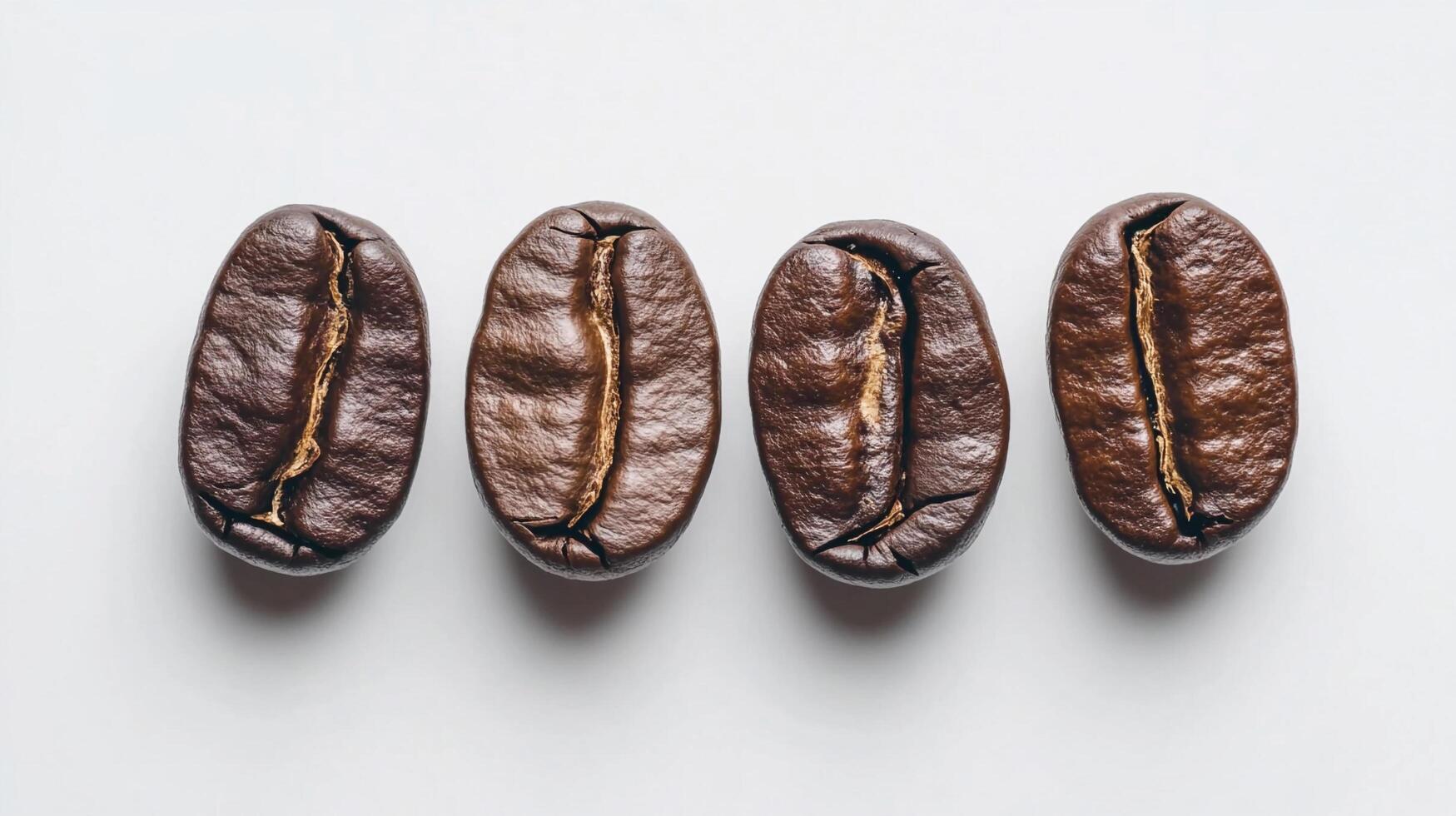 Four coffee beans are aligned in a raw, unground state on a white backdrop, ready to be brewed into a beverage. photo
