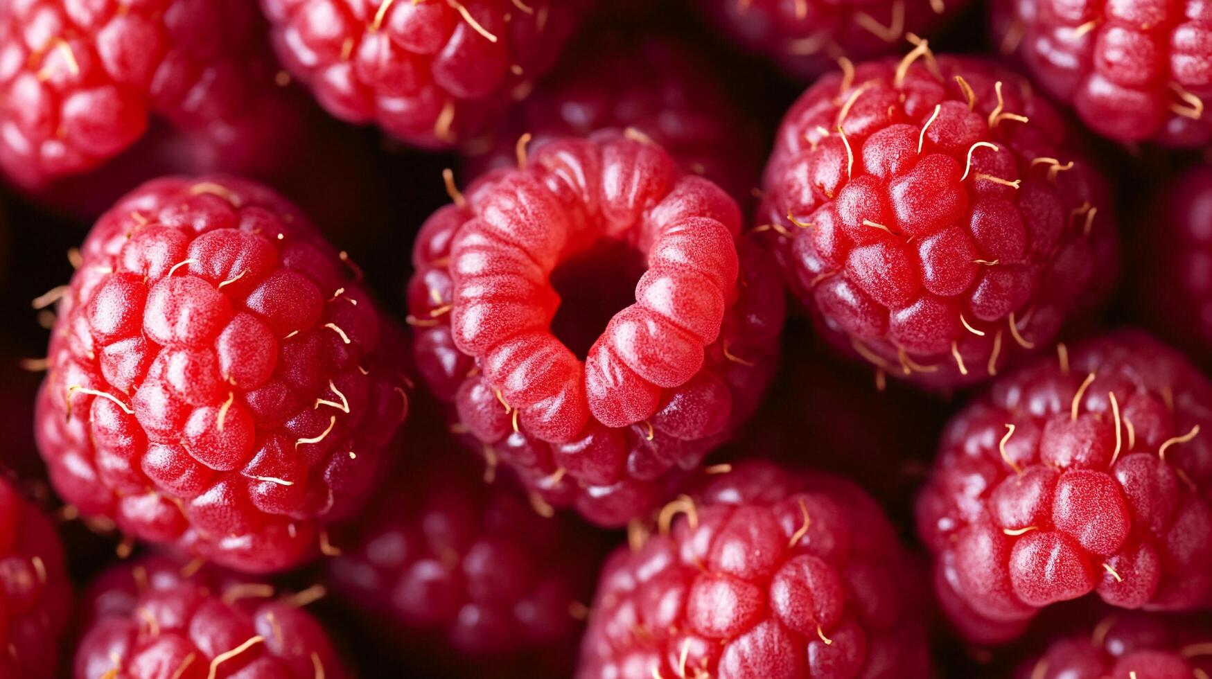 A close-up view of raspberries showcases their vibrant red color, textured surface, and delicate golden hairs. photo