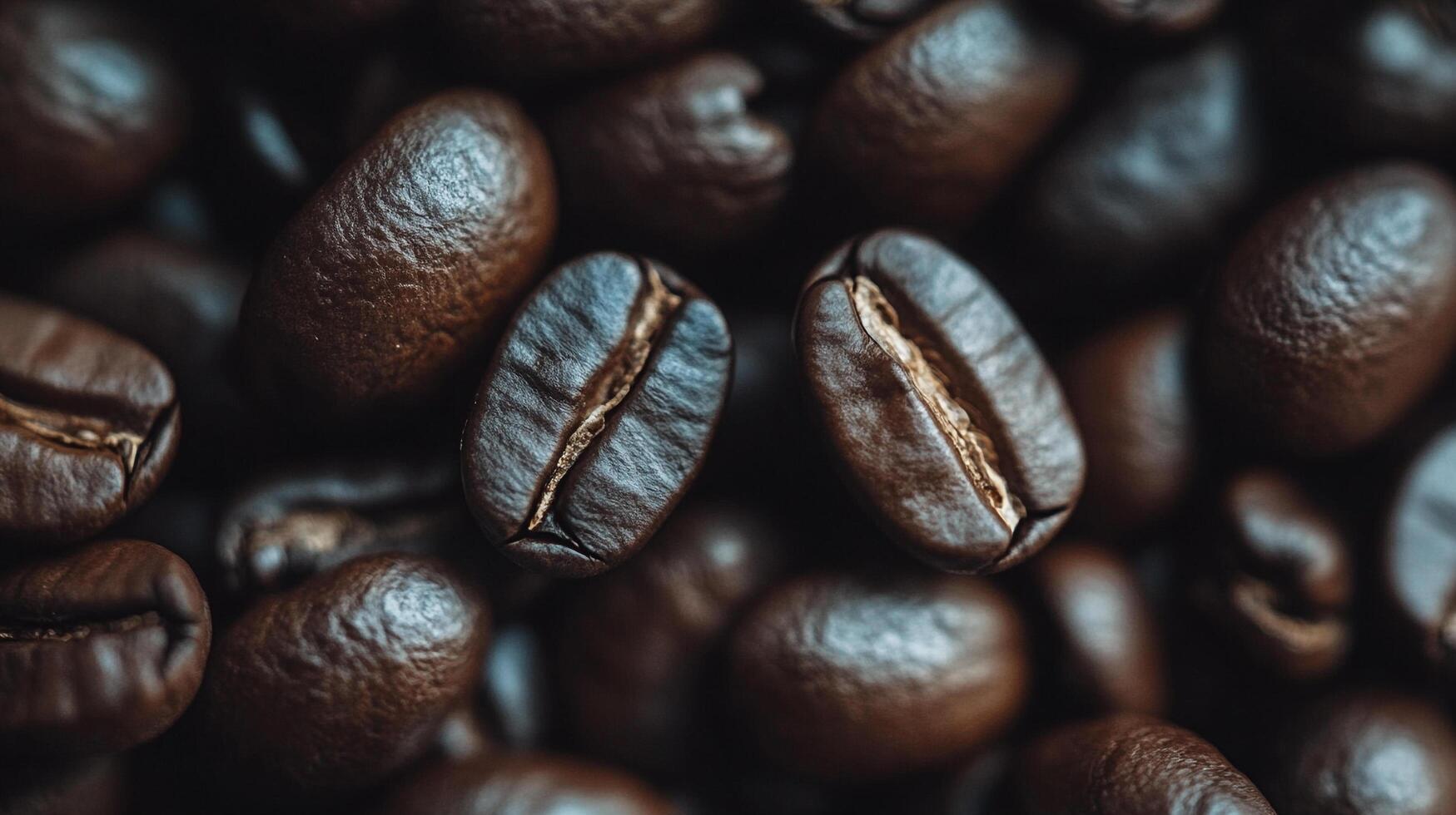 Roasted coffee beans close-up. The rich color and detailed texture showcase their quality and potential for a perfect brew. photo