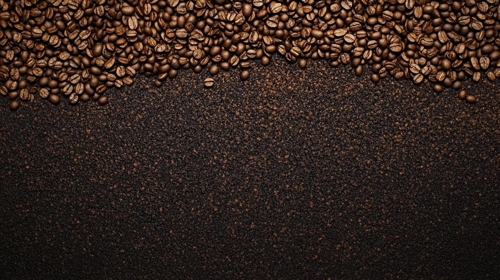 An overhead shot showcases a cascade of aromatic, roasted coffee beans that transitions into a carpet of fresh ground coffee. photo
