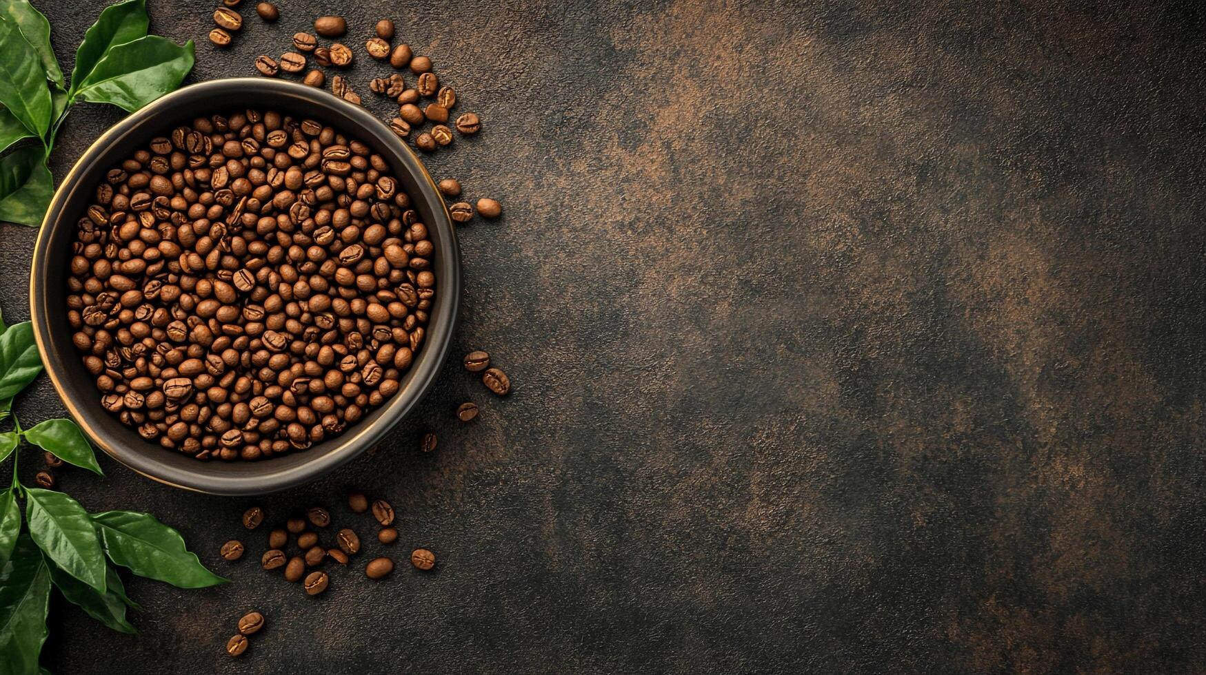 A bowl overflowing with coffee beans, accented by fresh green leaves, set against a dark, textured background. Inviting coffee presentation. photo