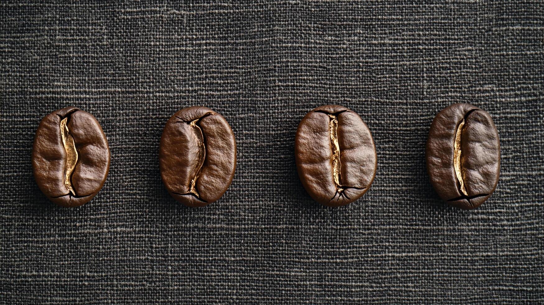 Four coffee beans aligned on dark fabric create a visually appealing contrast, showcasing texture and richness in a minimalistic composition. photo