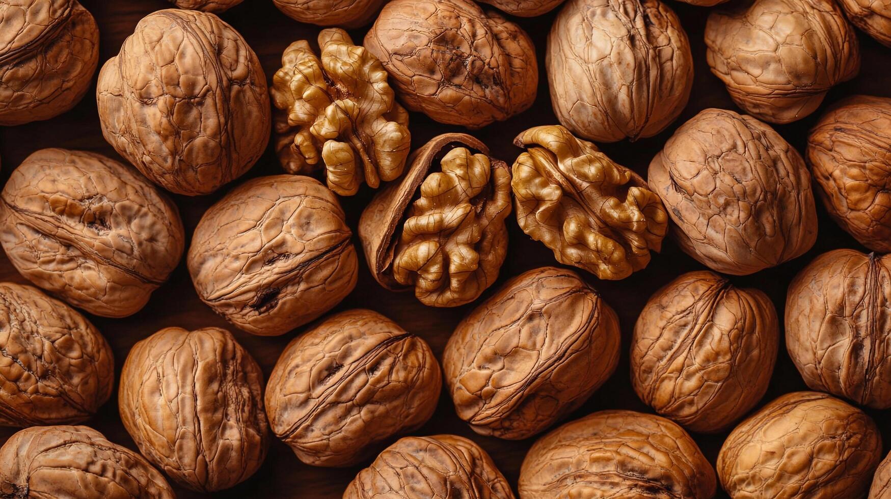 Top-down view showcases a collection of walnuts, some cracked open to reveal the golden nut inside on a neutral surface. photo