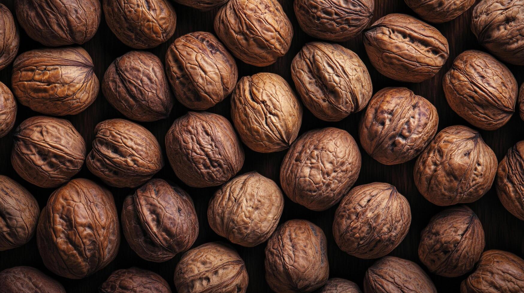A captivating close-up showcases a collection of walnuts, highlighting their intricate textures and earthy tones, evoking a sense of natural richness. photo