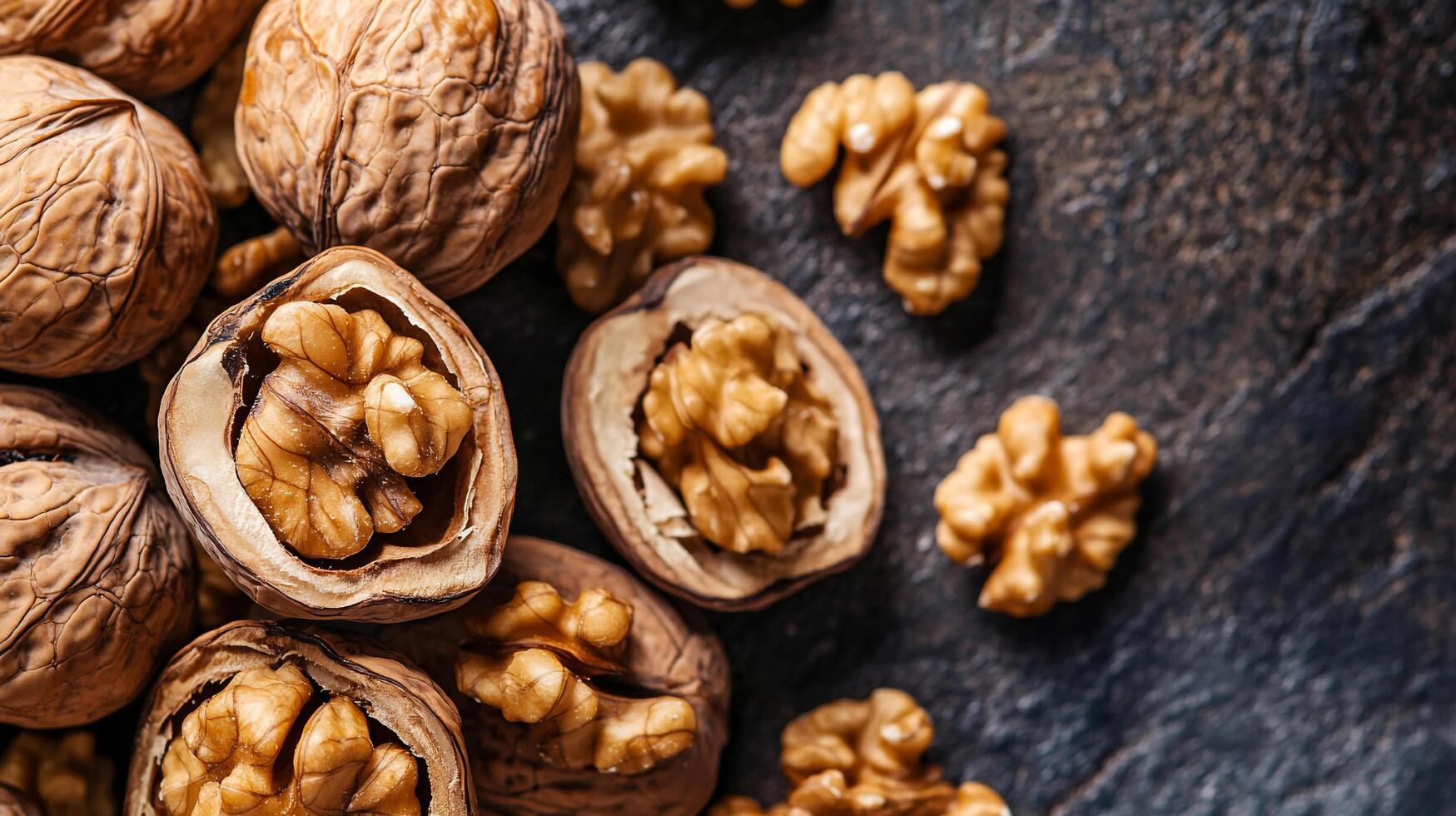 Pile of open and whole walnuts. Edible nuts with textured shells. Ideal snack, cooking ingredient, or healthy food choice. photo