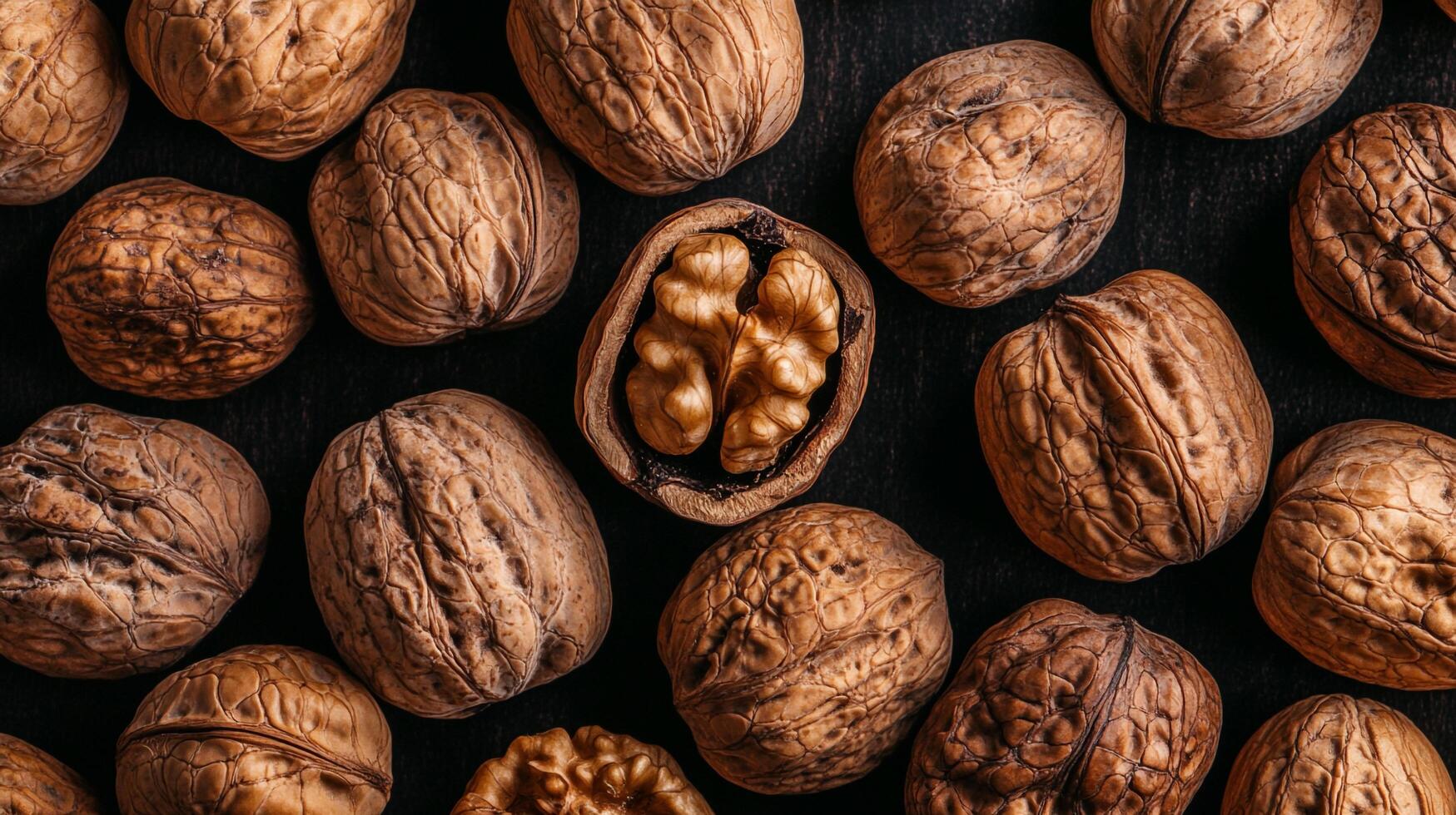 Delicious whole walnuts in their shells, some cracked open, revealing the kernel, presented on a rustic dark surface, inviting snacking. photo
