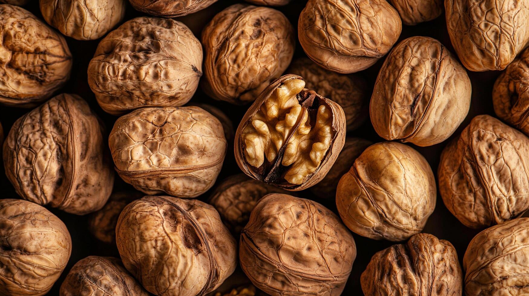 Walnuts in their shells and shelled for display of the walnut kernel. Whole and shelled walnuts, close up and overhead. photo