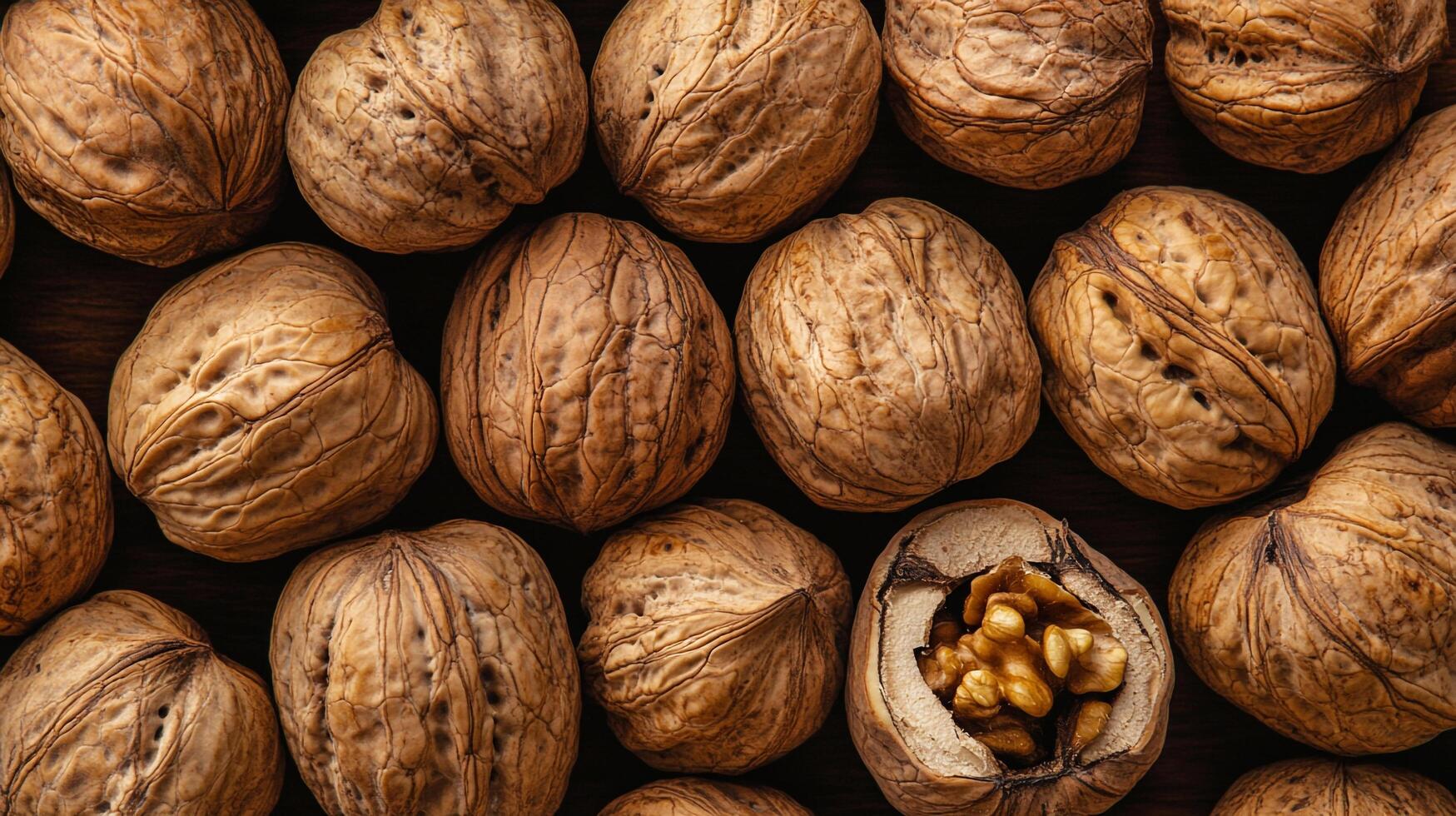 Overhead shot displaying a collection of whole walnuts, one cracked open to reveal the edible kernel inside, on a dark surface. photo
