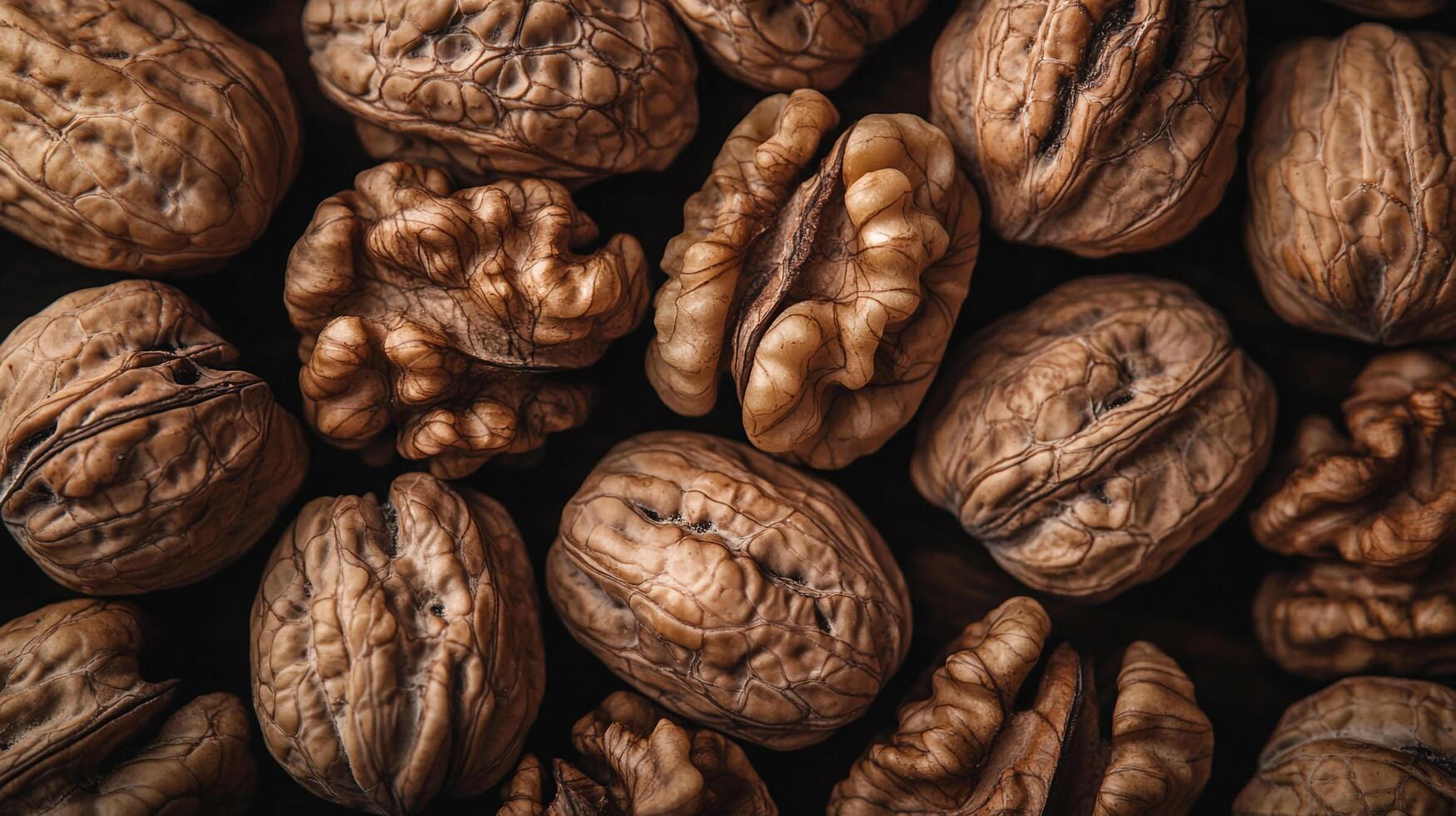 Pile of fresh walnuts with intricate shell textures, perfect for a healthy snack or delicious recipe ingredient, on a dark background. photo