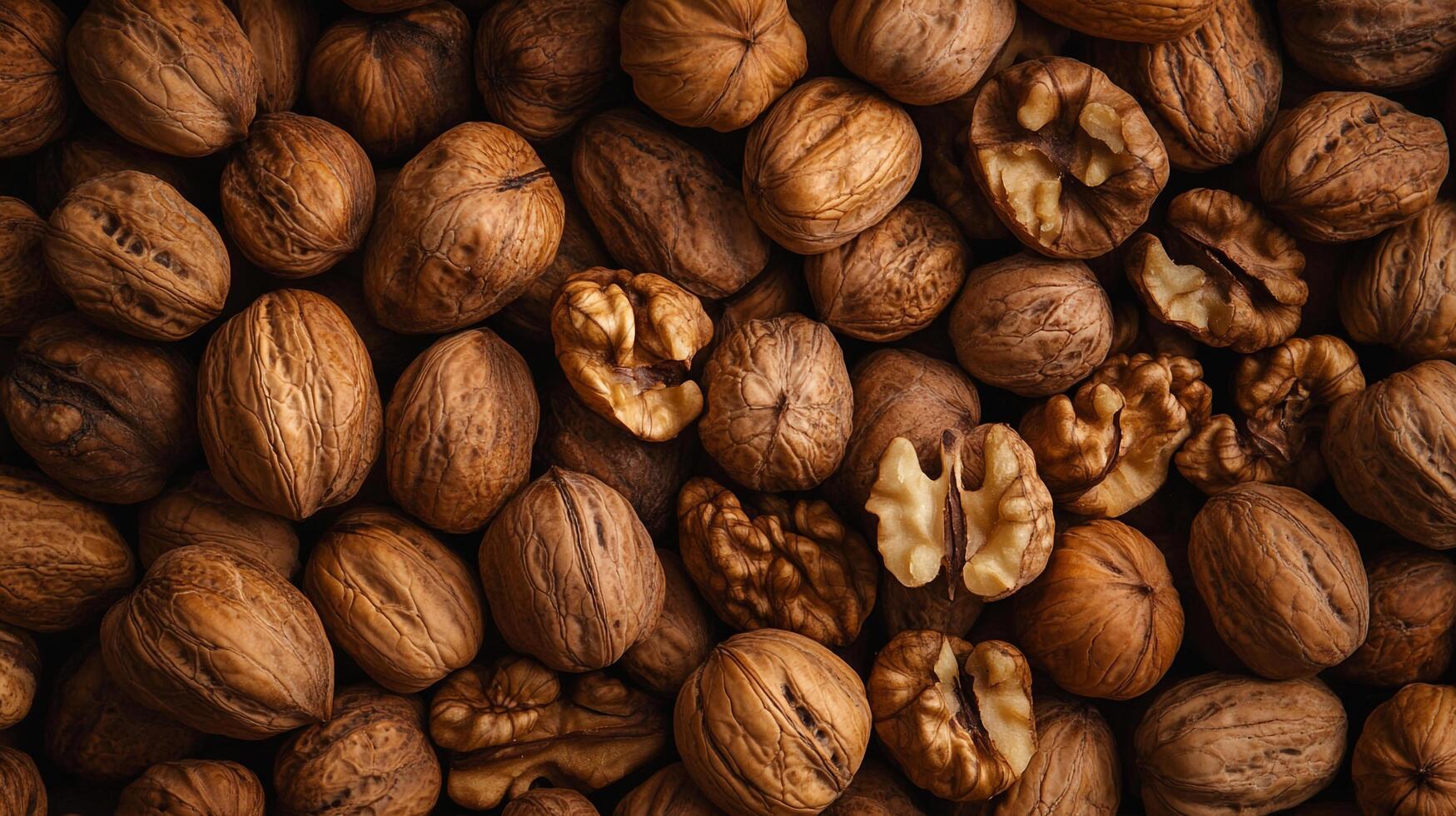 A pile of walnuts in their shells and cracked open, showcasing the light-colored walnut meat inside. Top-down perspective. photo