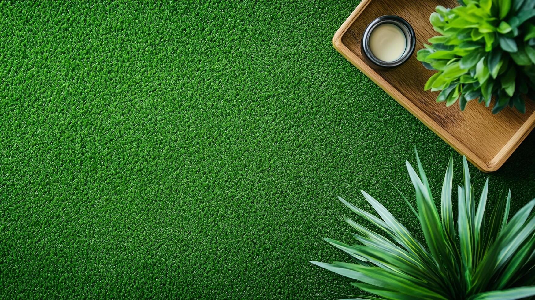 An eye-level shot of a green surface with vegetation arranged around a wooden tray holding small jar, set on vibrant green backdrop. photo