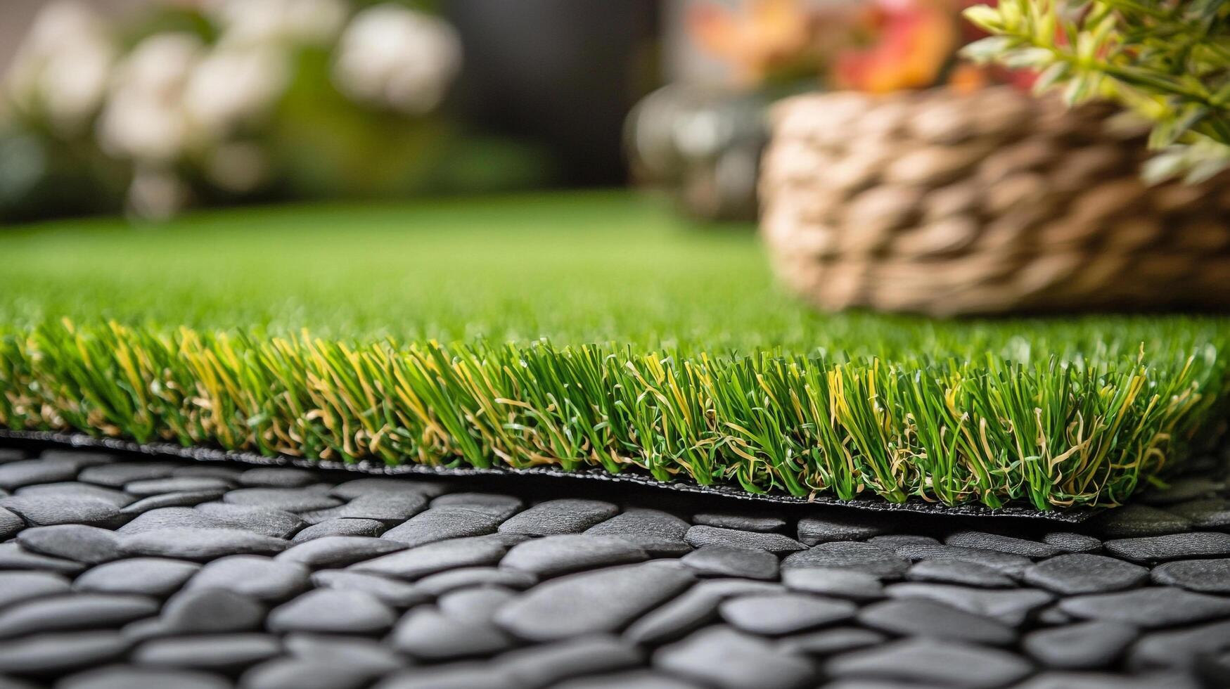 Artificial turf and decorative stones create a low-maintenance outdoor space with a green lawn and textured ground cover. photo